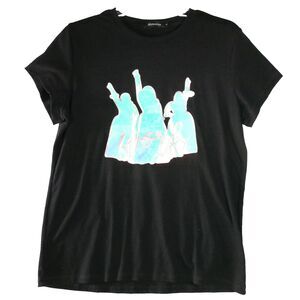 Memorose Womens Size L Black T-shirt w Holographic "Work" Front Patch